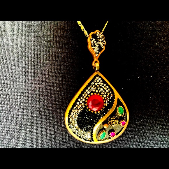 Stunning silver pendant fuchia & green semi-precious stones & shiny rhinestones - Picture 9 of 15